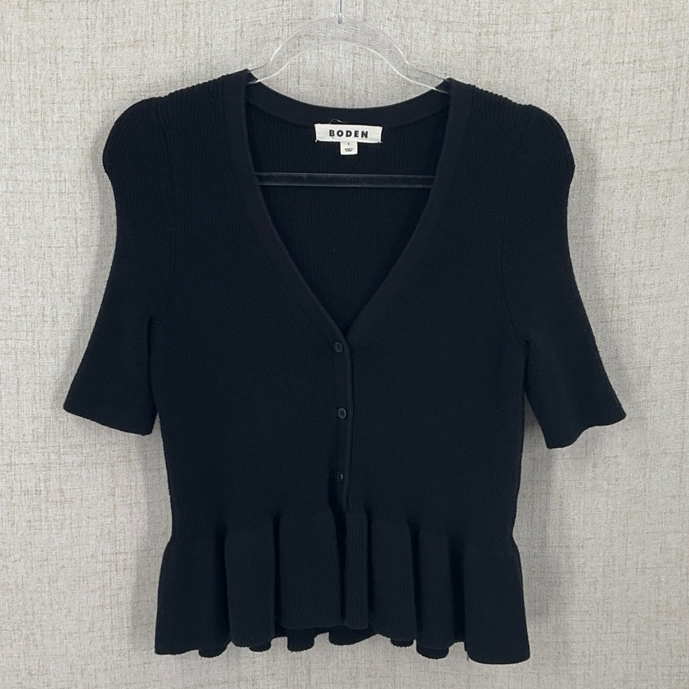 Boden Peplum Cardigan Womens S Black Cotton Ribbed Short Sleeve Twee Classic